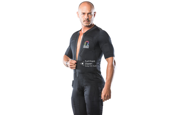 OHM Fitness emPower EMS Suit showing full front zipper for easy-on suit